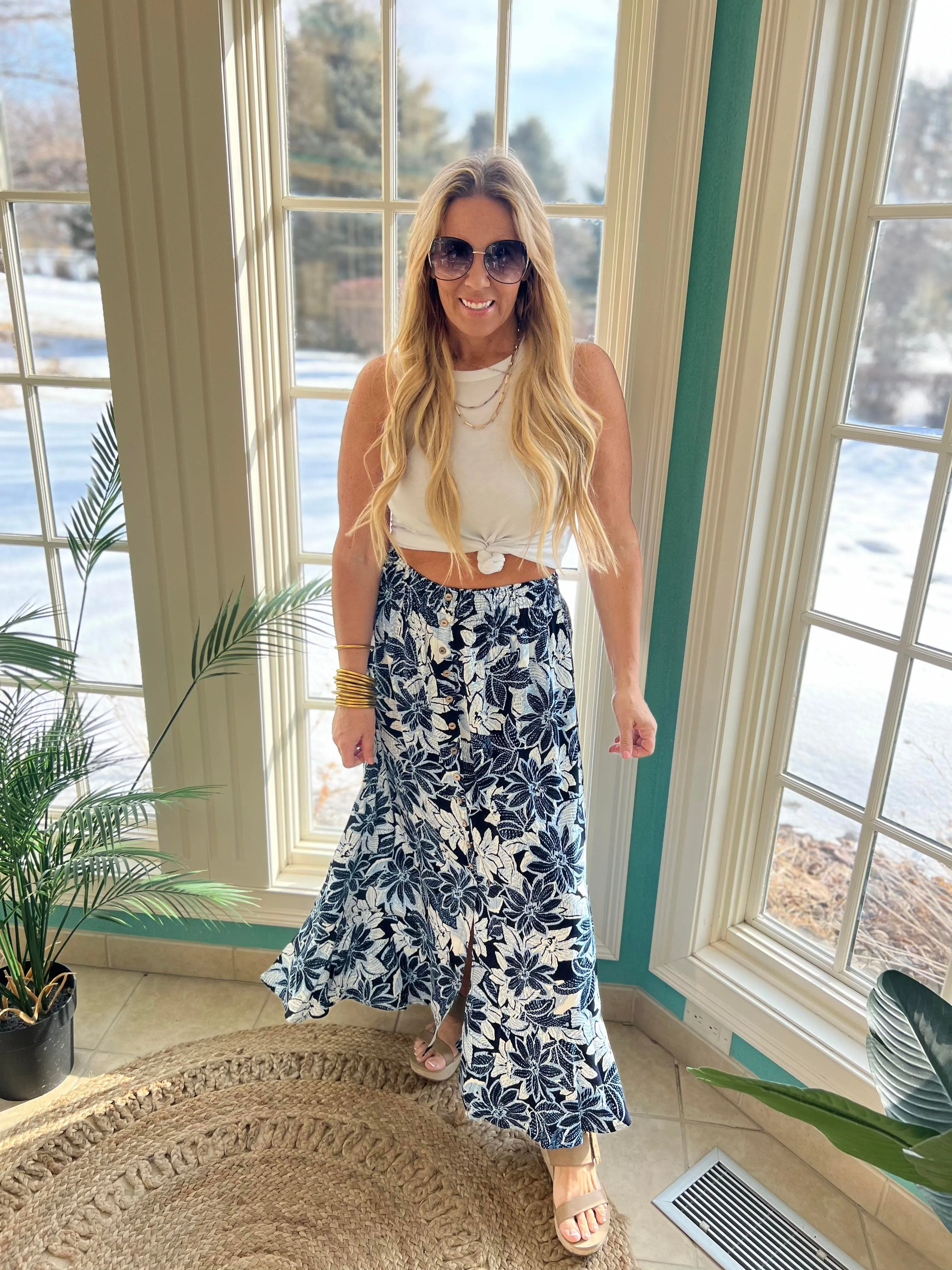 Floral Button Front Smocked Maxi Skirt - Final Sale