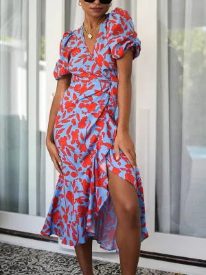 Floral Print Wrap Midi Dress with Puff Sleeves and Ruffles