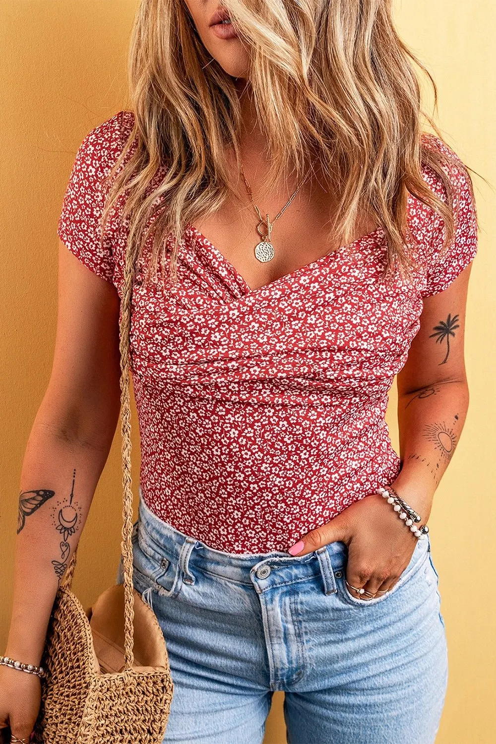 Floral Surplice Short Sleeve Bodysuit