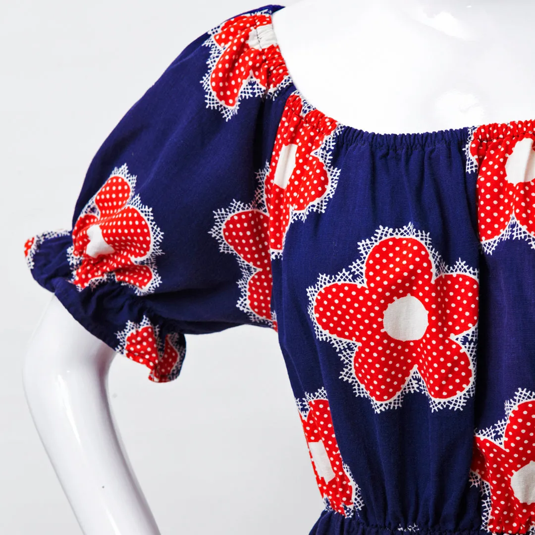 FLOWER POWER 60S RED WHITE BLUE OFF SHOULDER MAXI DRESS