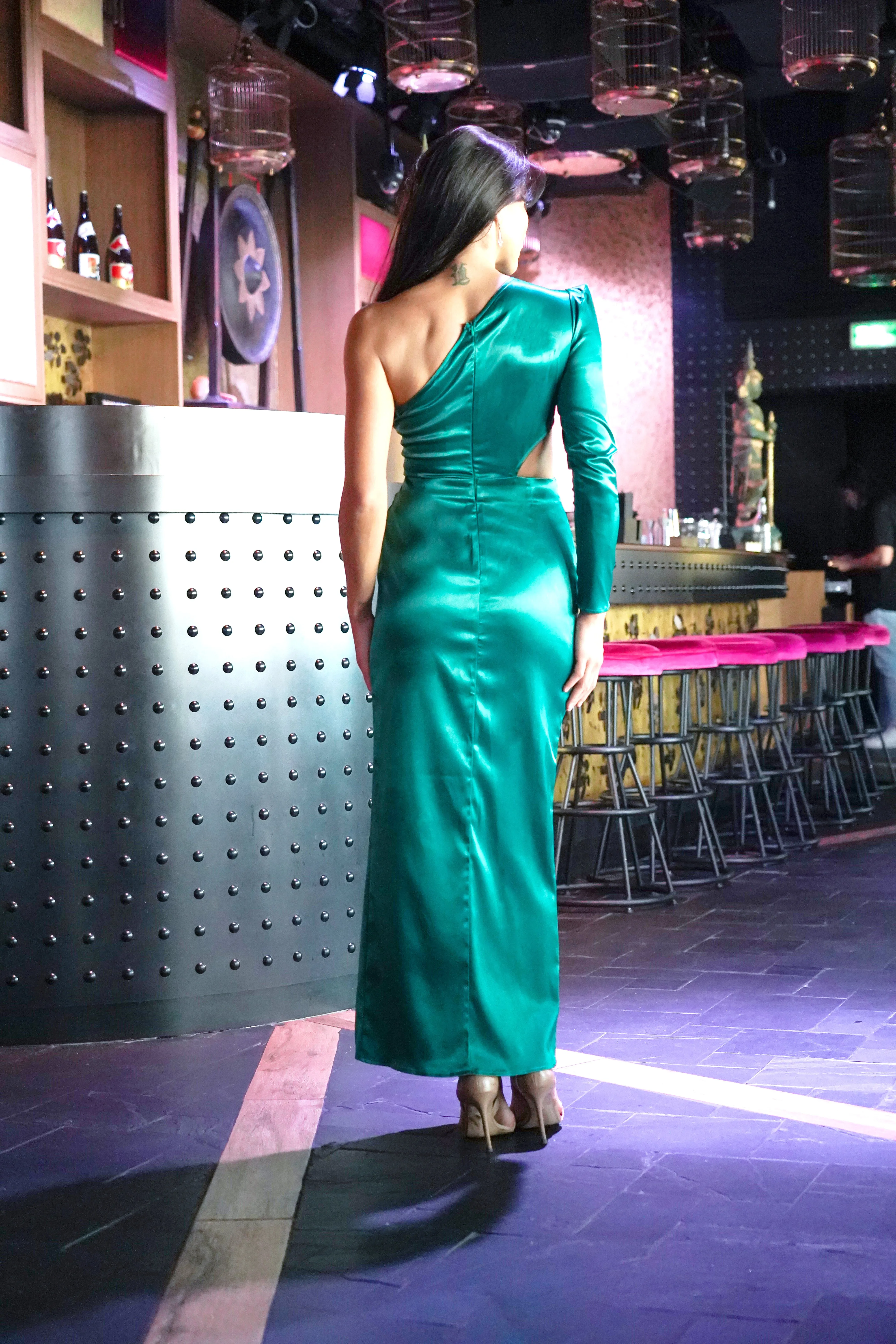 Forest Green One Shoulder Satin Maxi Dress with Cutout