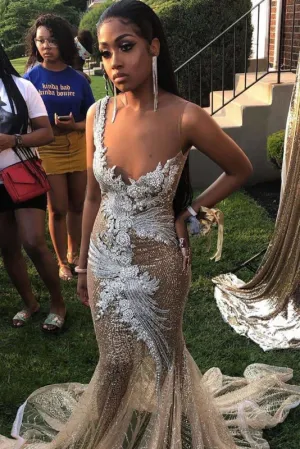 Glamous Jewel Sleeveless Sheer Prom Dresses with Train