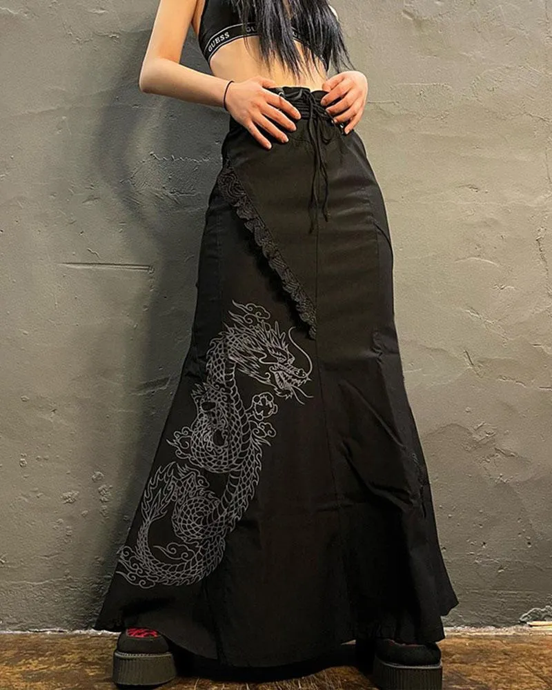 Gothic Dragon Print Retro Strap Skirt