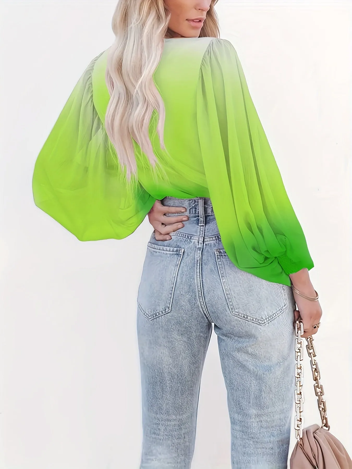 Gradient Print Surplice Neck Blouse, Casual Lantern Long Sleeve Blouse For Spring & Fall, Women's Clothing