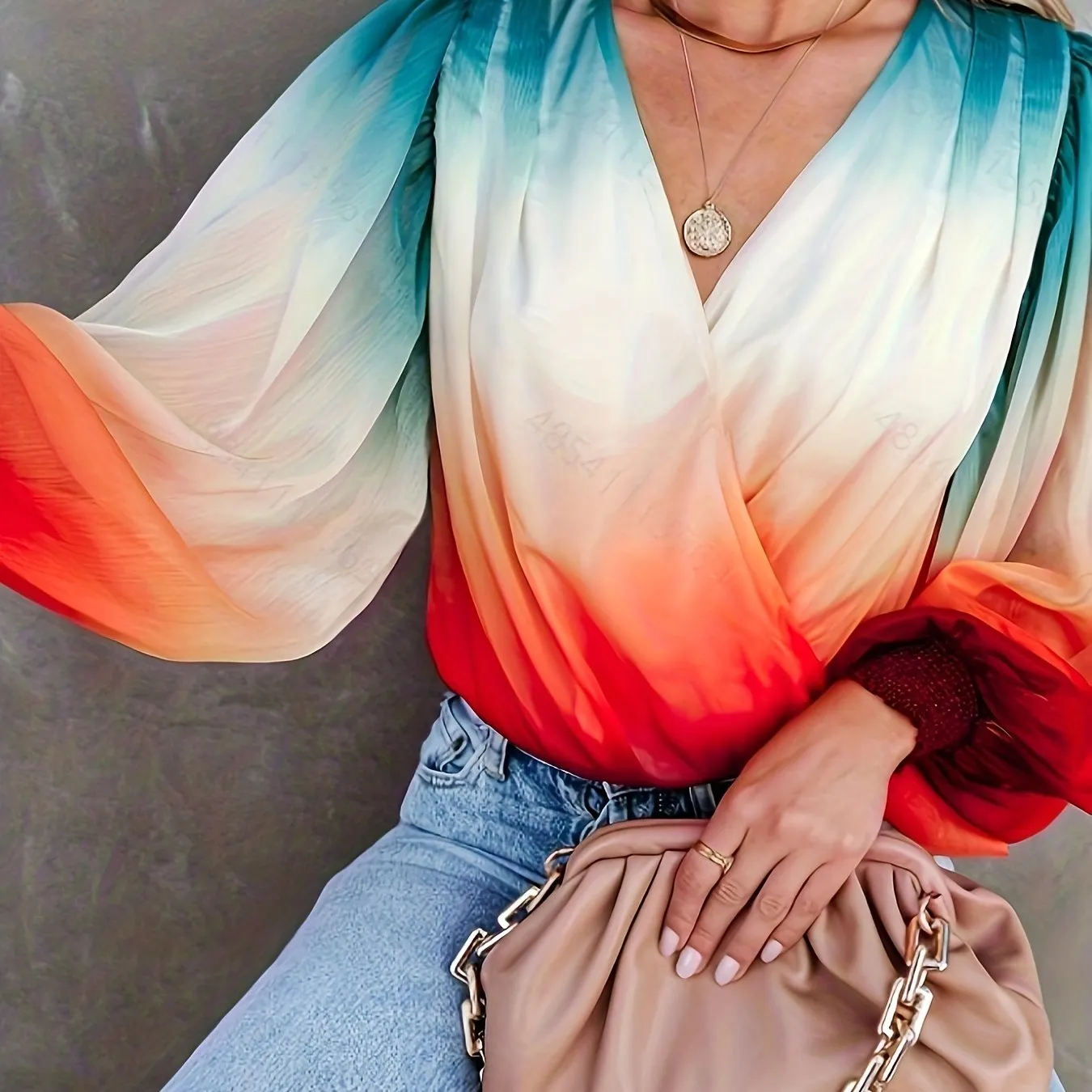 Gradient Print Surplice Neck Blouse, Casual Lantern Long Sleeve Blouse For Spring & Fall, Women's Clothing