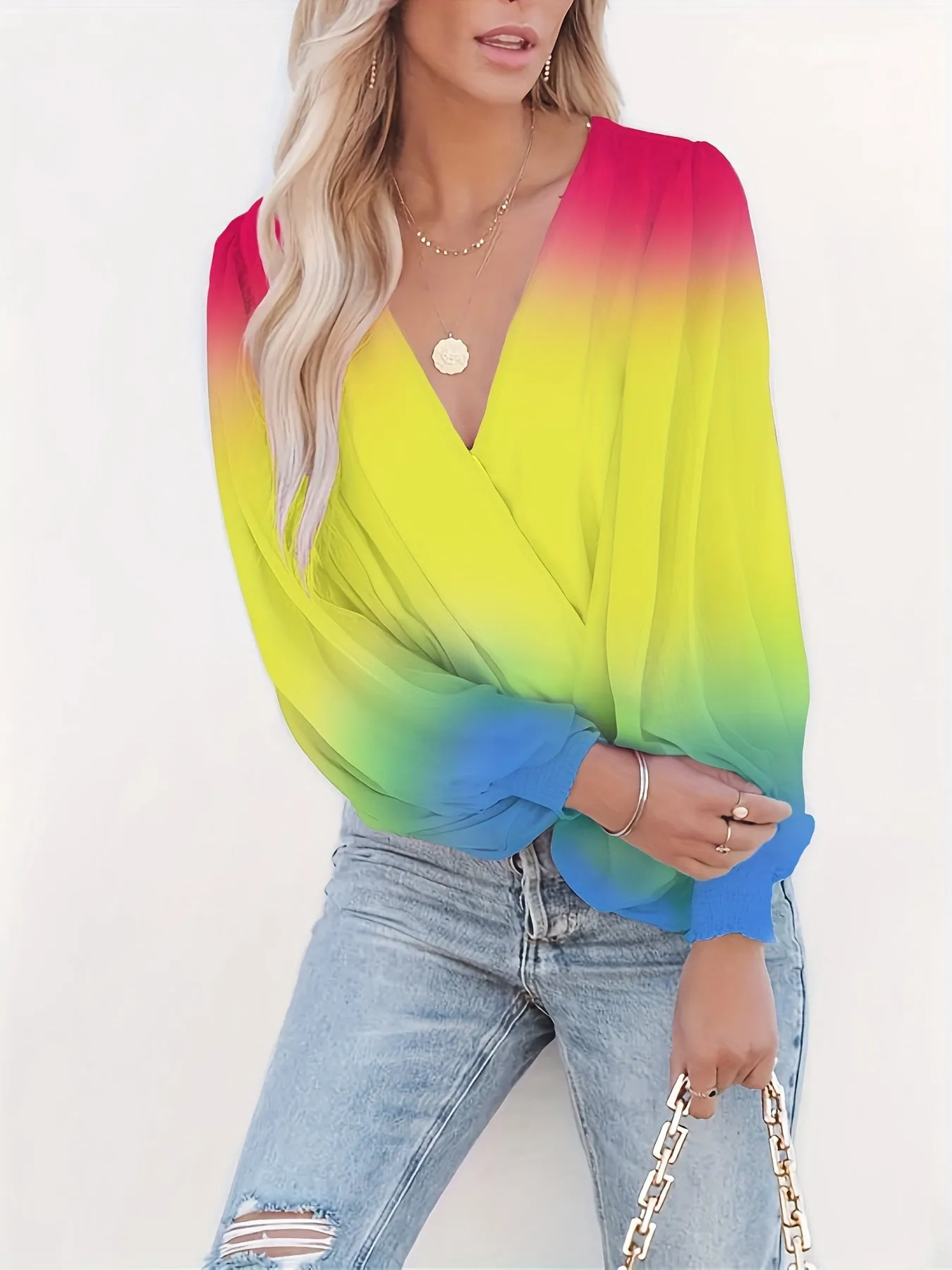 Gradient Print Surplice Neck Blouse, Casual Lantern Long Sleeve Blouse For Spring & Fall, Women's Clothing