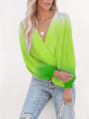 Gradient Print Surplice Neck Blouse, Casual Lantern Long Sleeve Blouse For Spring & Fall, Women's Clothing