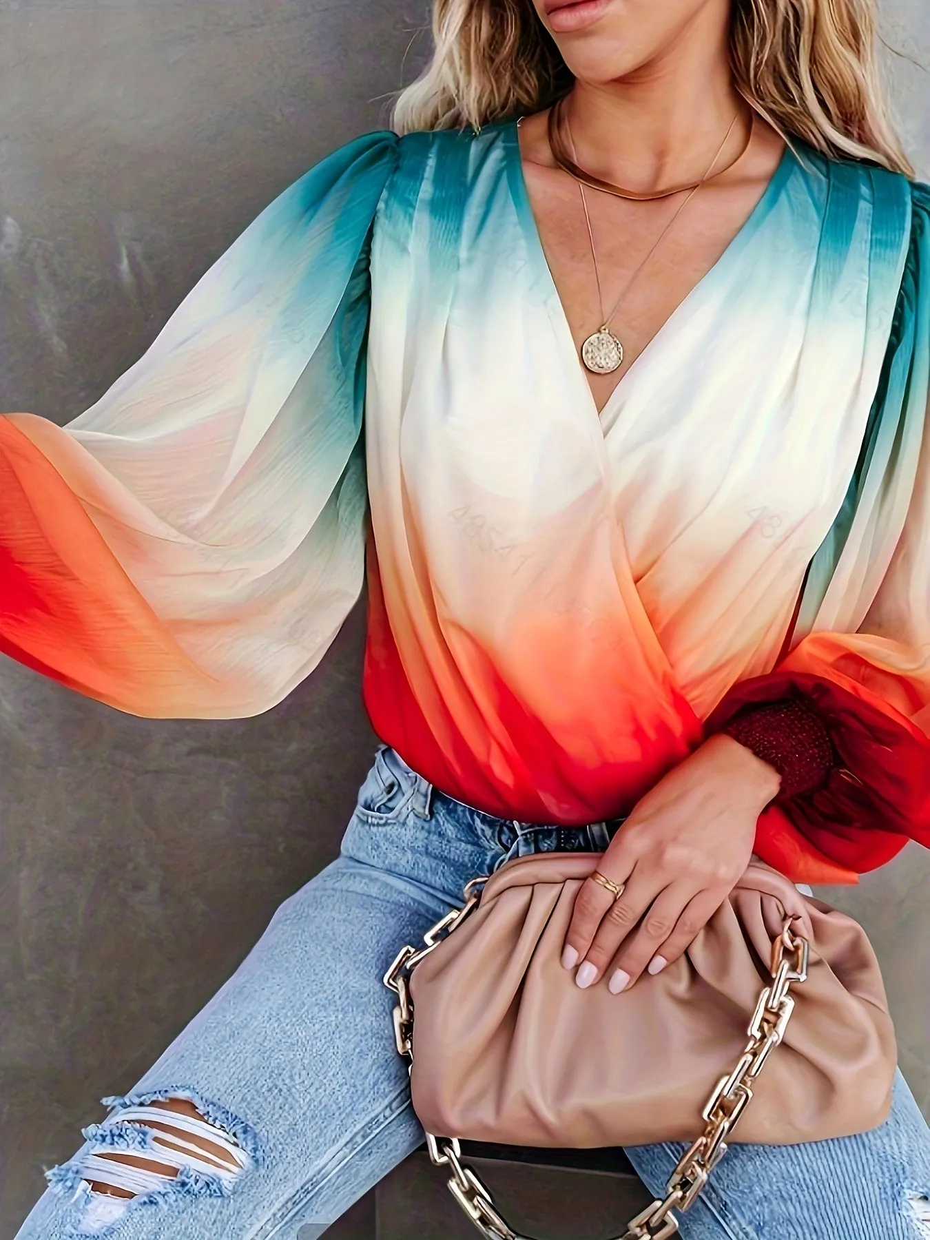 Gradient Print Surplice Neck Blouse, Casual Lantern Long Sleeve Blouse For Spring & Fall, Women's Clothing