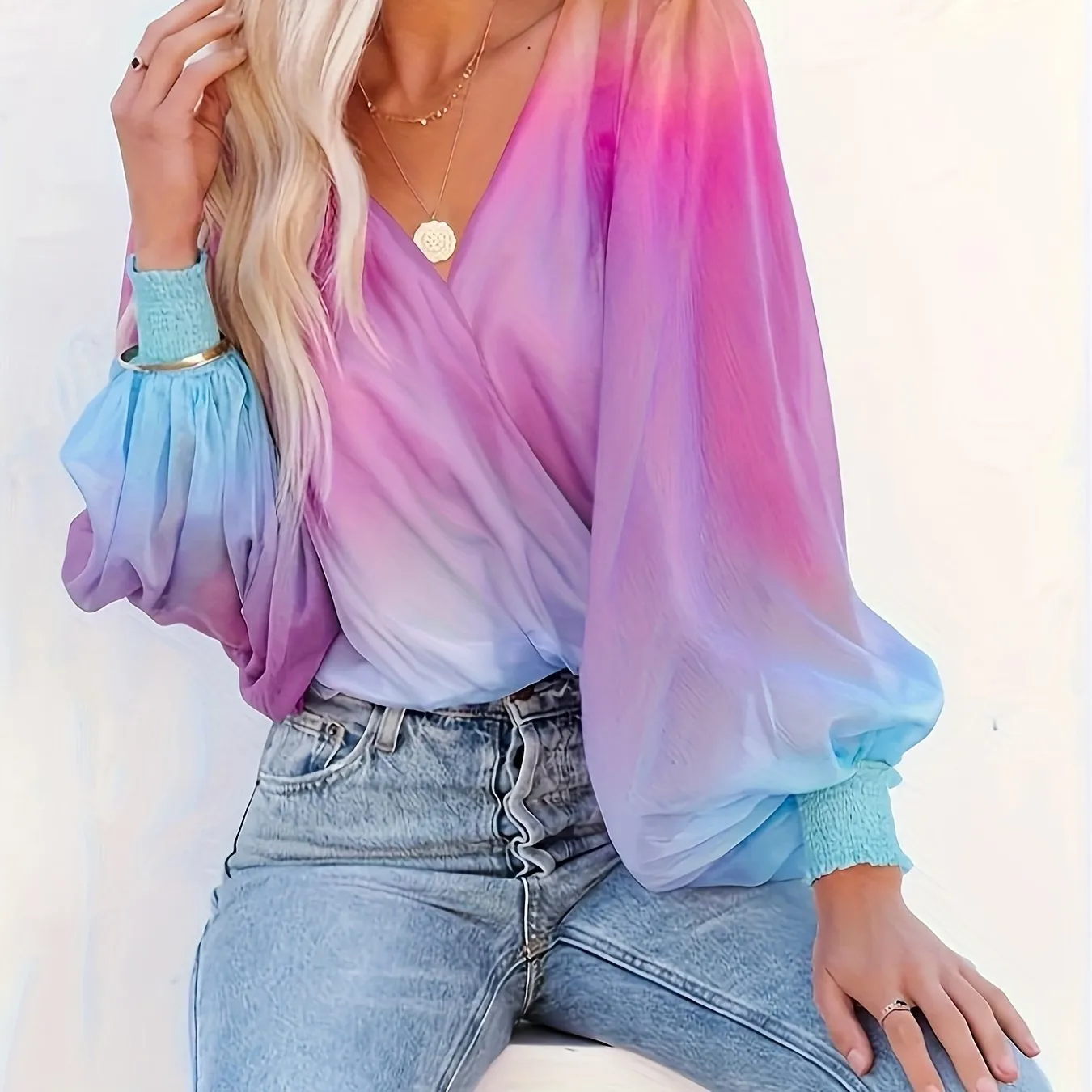 Gradient Print Surplice Neck Blouse, Casual Lantern Long Sleeve Blouse For Spring & Fall, Women's Clothing