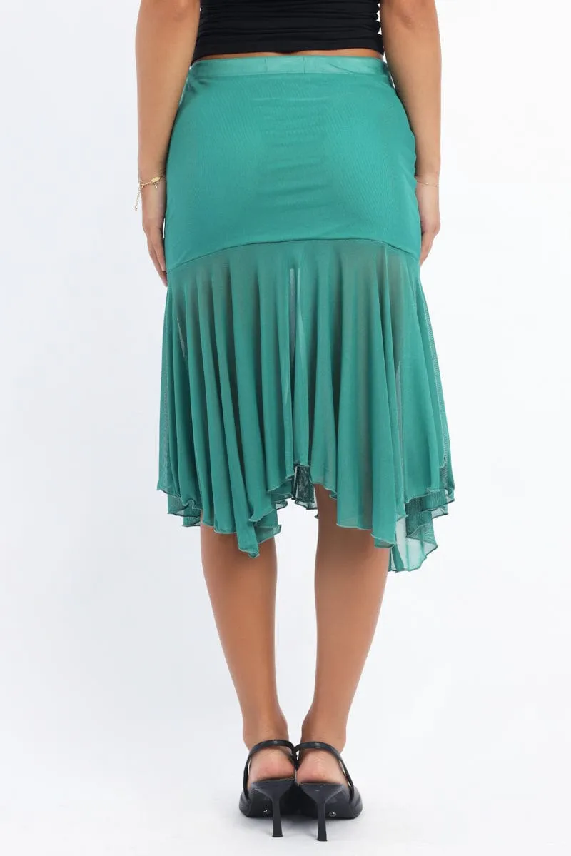 Green Midi Skirt Scarf Hem Asymmetric Mesh Lined