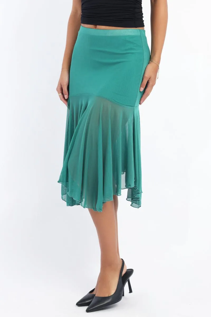 Green Midi Skirt Scarf Hem Asymmetric Mesh Lined