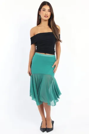 Green Midi Skirt Scarf Hem Asymmetric Mesh Lined