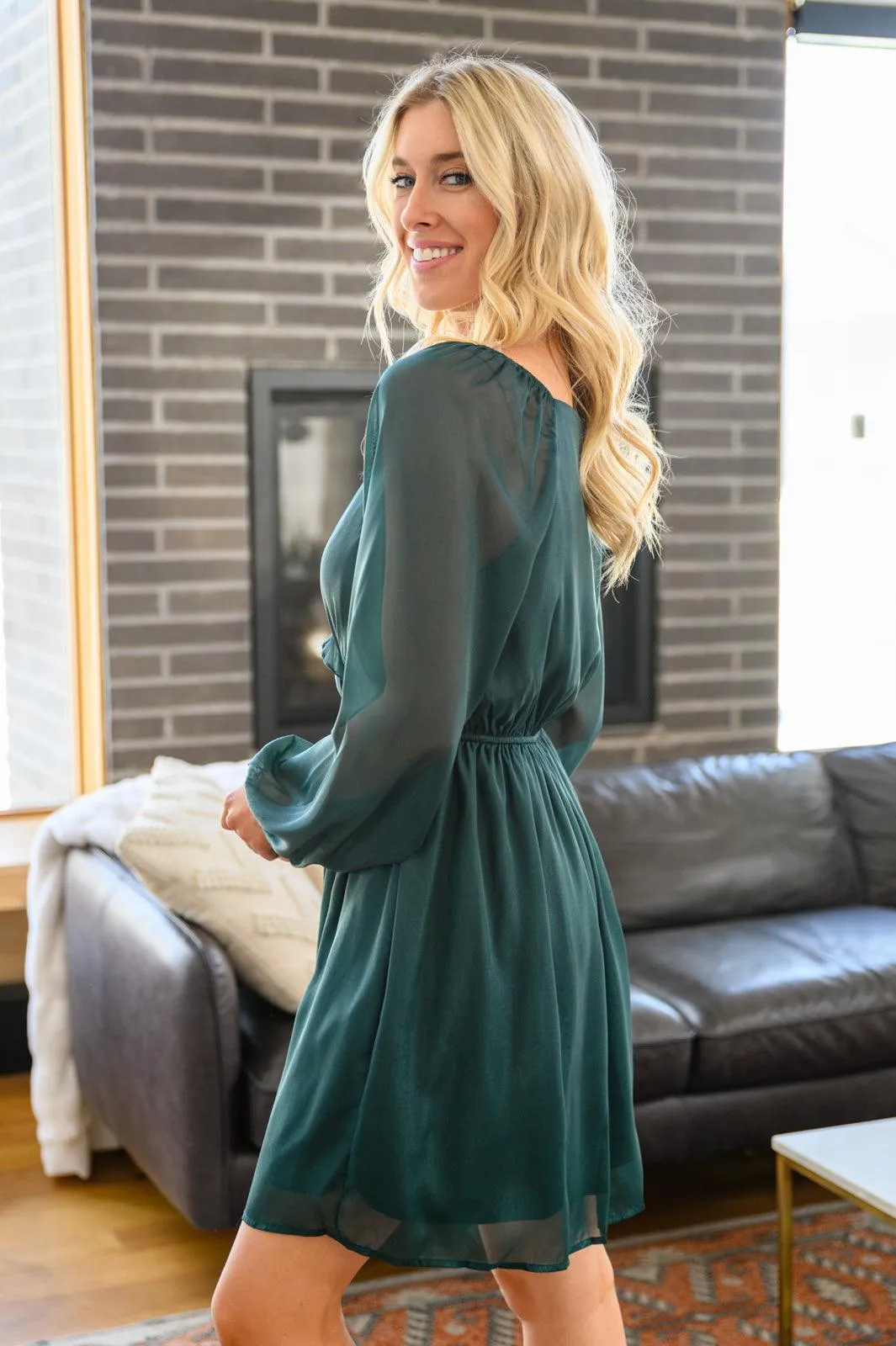 Hazel Blues® | Front And Center Balloon Sleeve Dress in Green