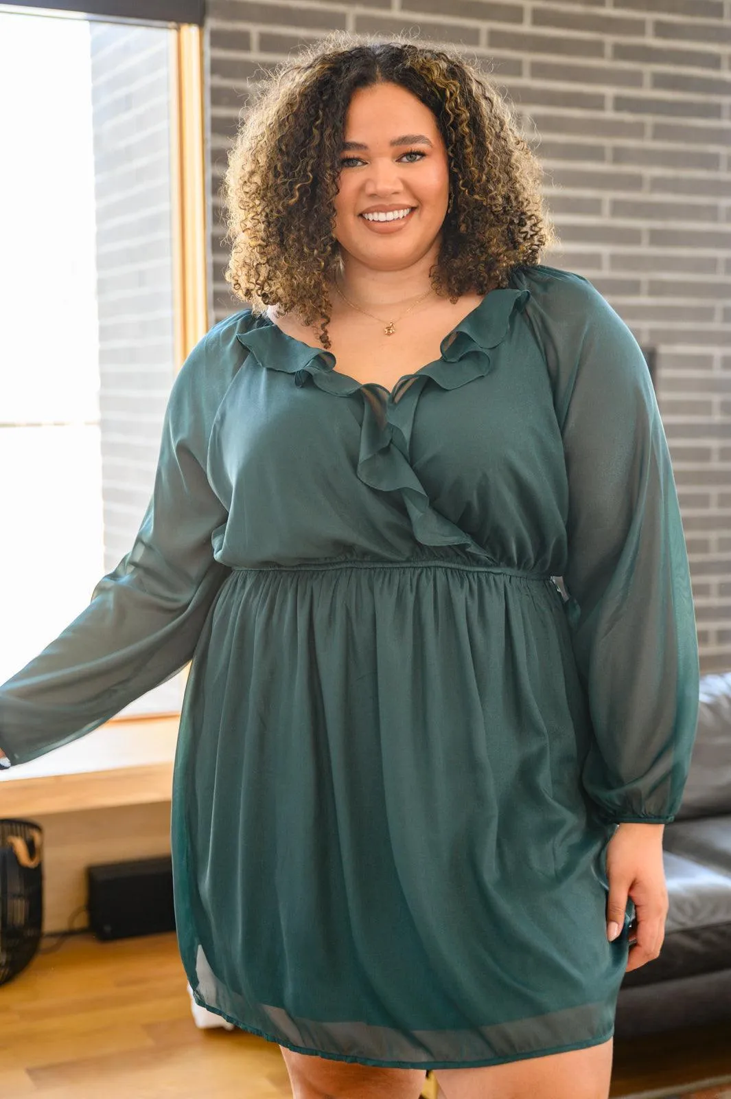 Hazel Blues® | Front And Center Balloon Sleeve Dress in Green