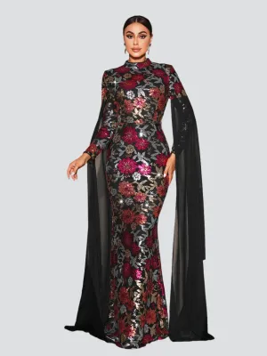High Collar Floral Multicolor Evening Dress MES00573