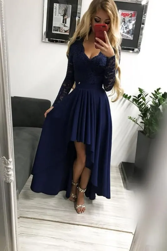 High Low Long Sleeves V Neck Prom Burgundy A Line Graduation Dress with Lace