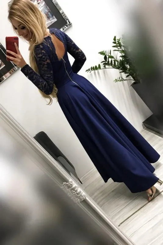 High Low Long Sleeves V Neck Prom Burgundy A Line Graduation Dress with Lace