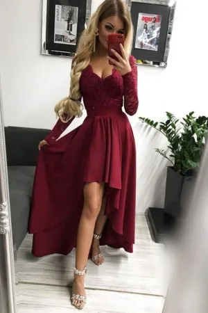 High Low Long Sleeves V Neck Prom Burgundy A Line Graduation Dress with Lace