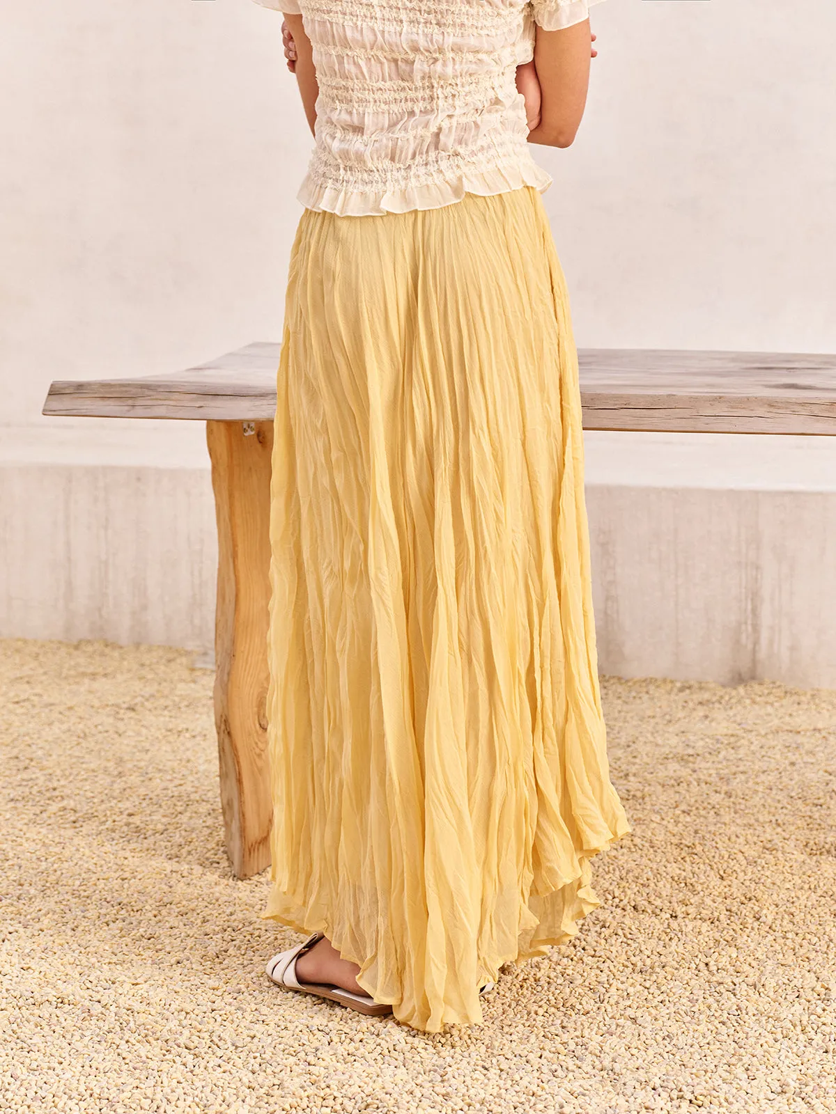 High-Waist Asymmetric Hem Crinkled Skirt