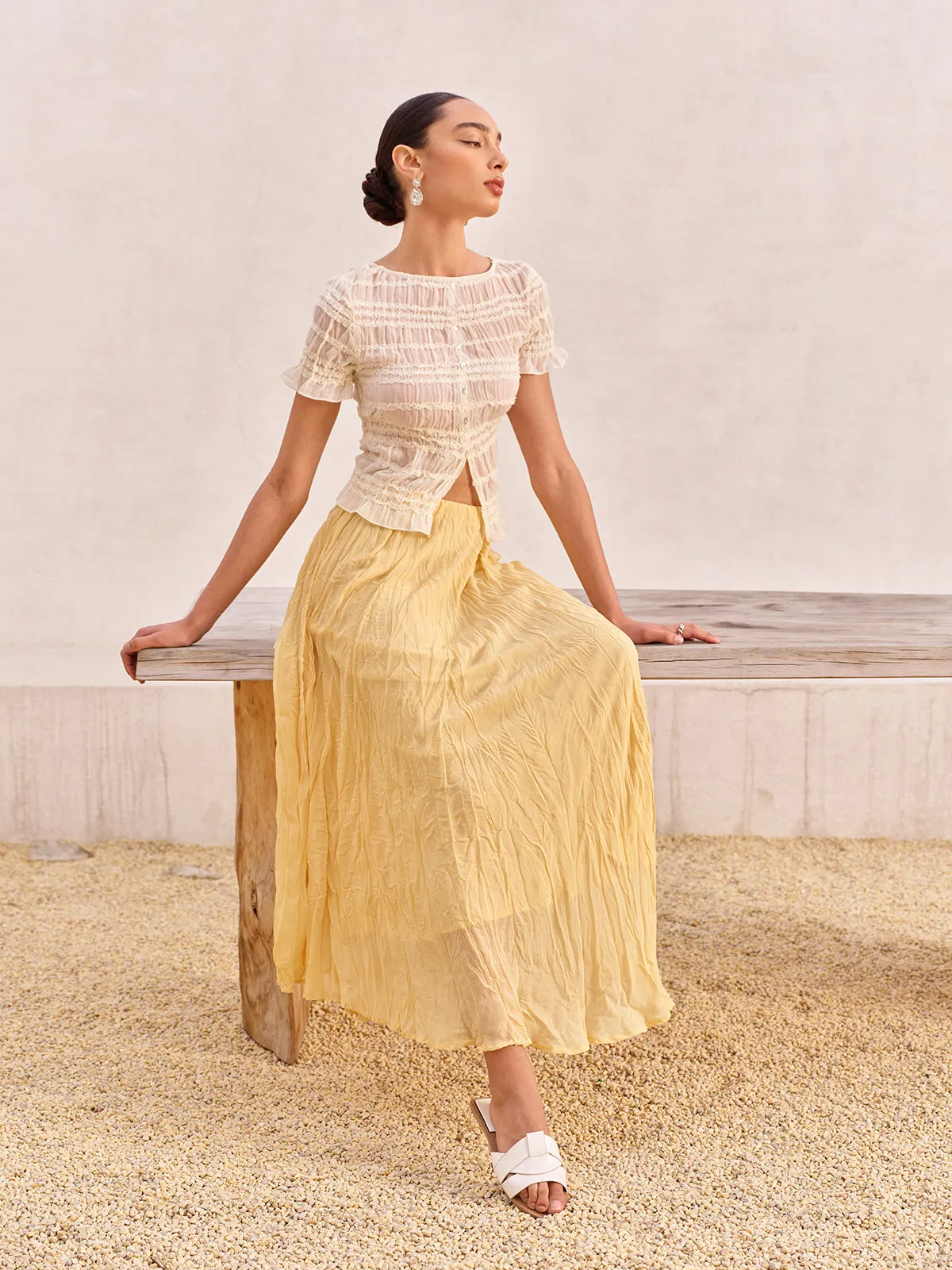 High-Waist Asymmetric Hem Crinkled Skirt