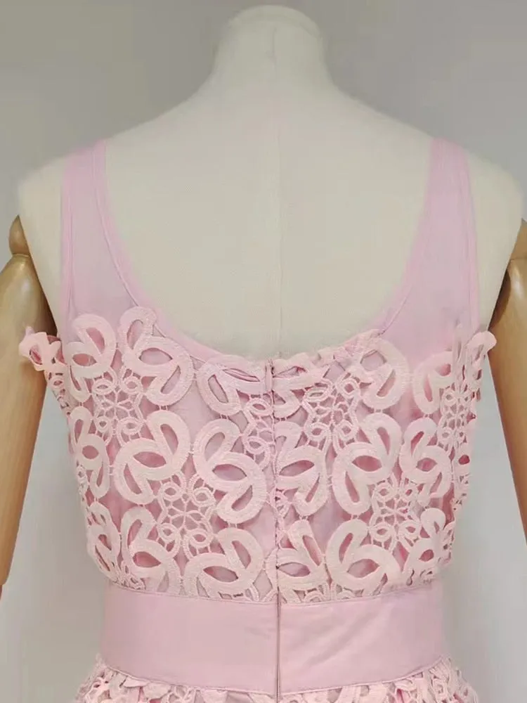 Hollow Out Sexy Dress For Women Sleeveless Gathered Waist Casual Plain