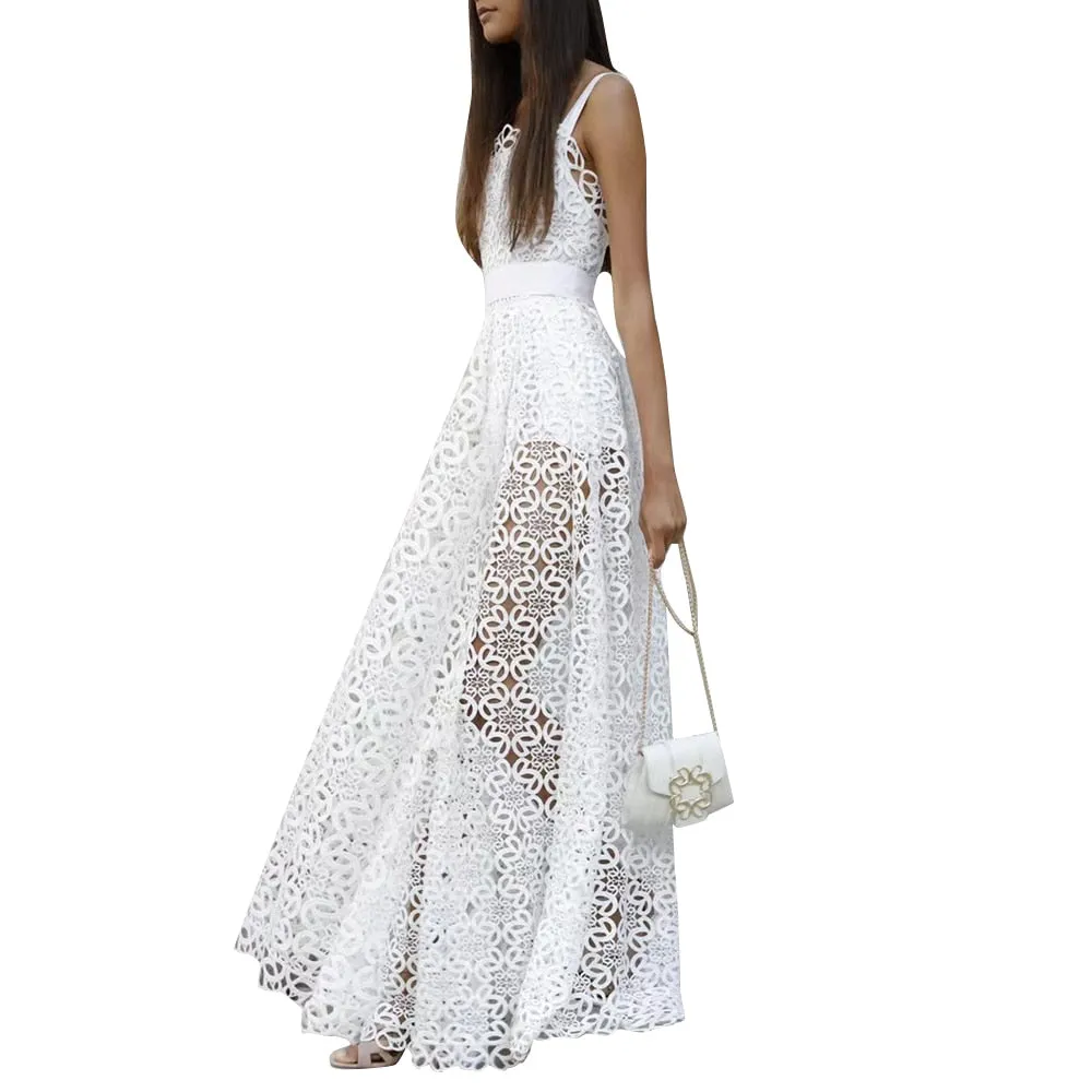 Hollow Out Sexy Dress For Women Sleeveless Gathered Waist Casual Plain
