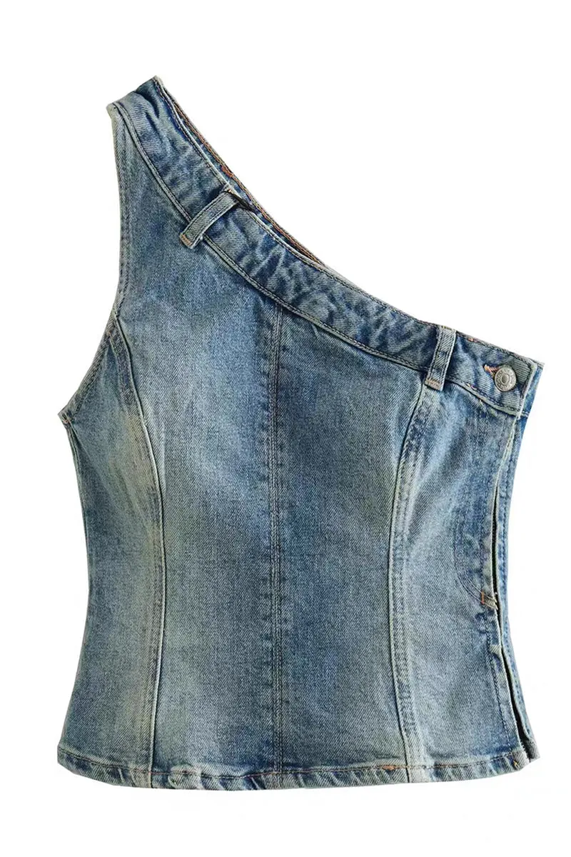 HTT1254 Asymmetric Denim Top