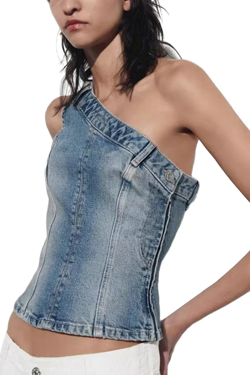 HTT1254 Asymmetric Denim Top