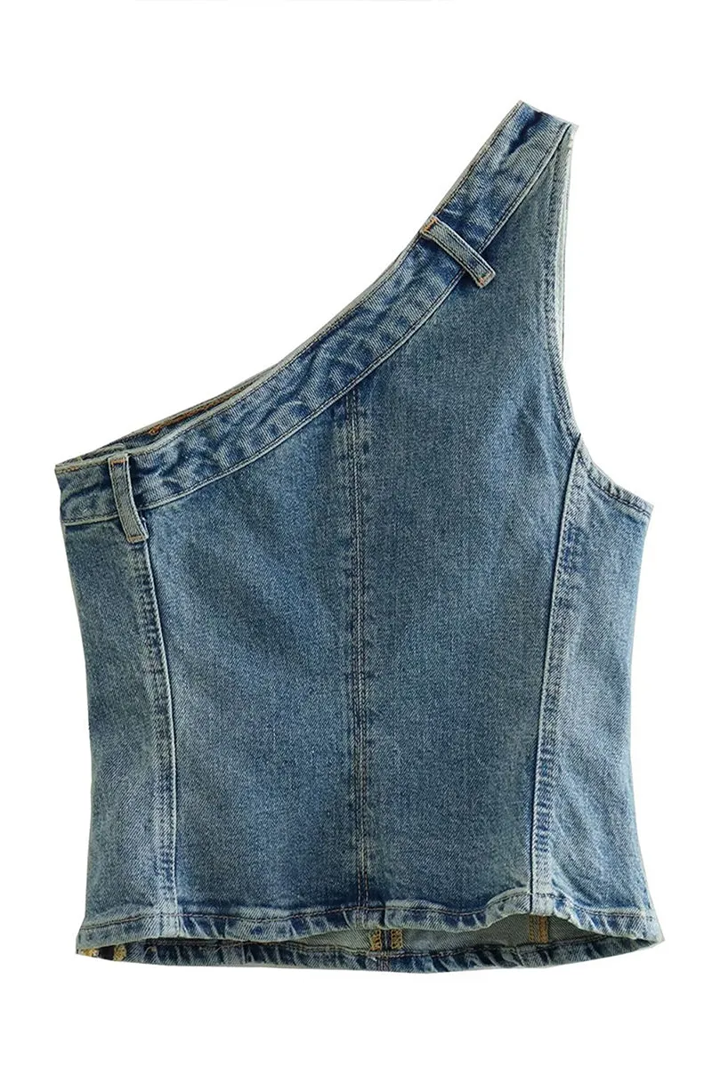 HTT1254 Asymmetric Denim Top