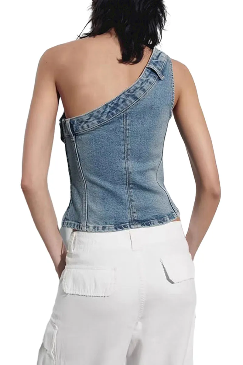 HTT1254 Asymmetric Denim Top
