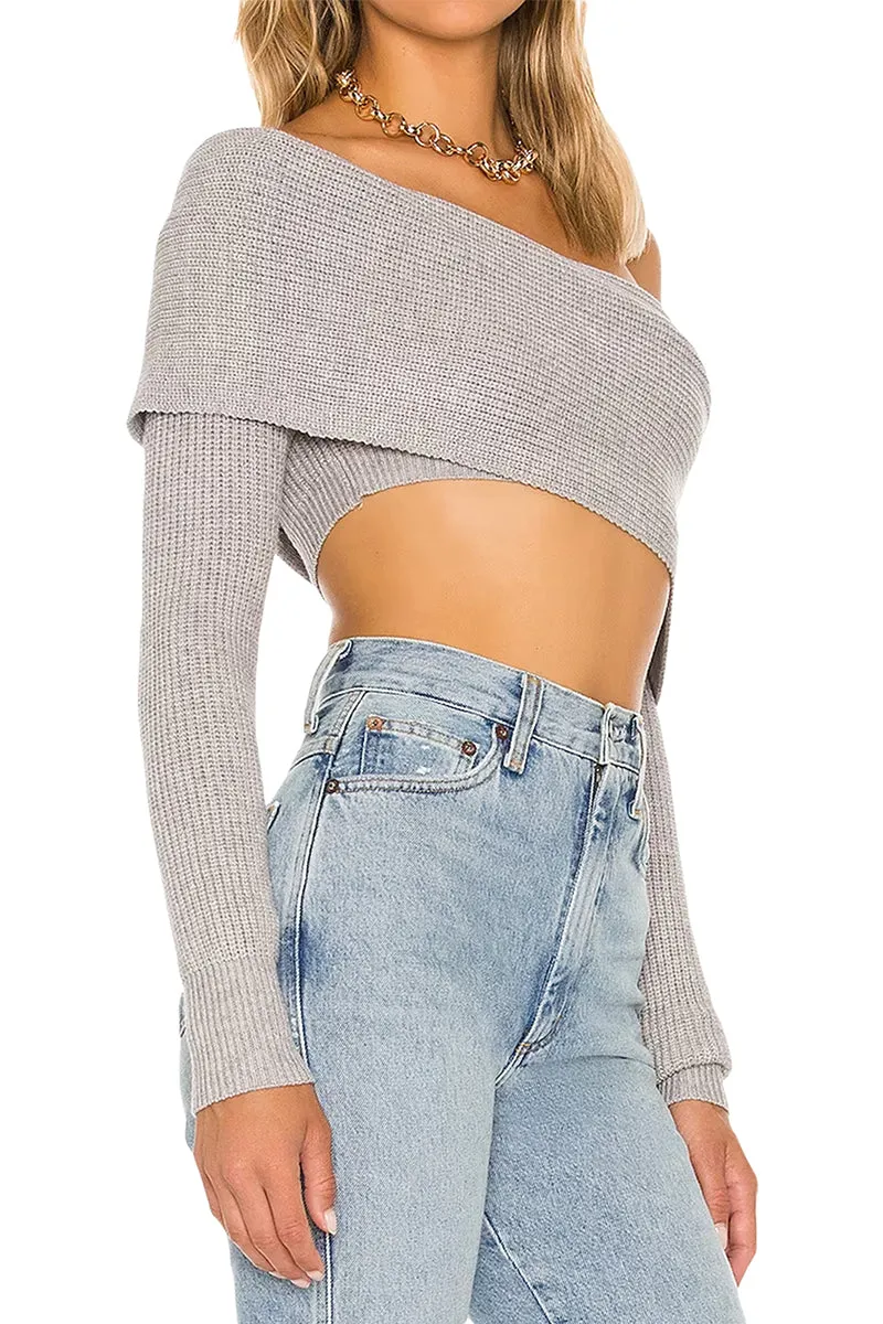 HWT1330 Asymmetric Off-Shoulder Crop Sweater