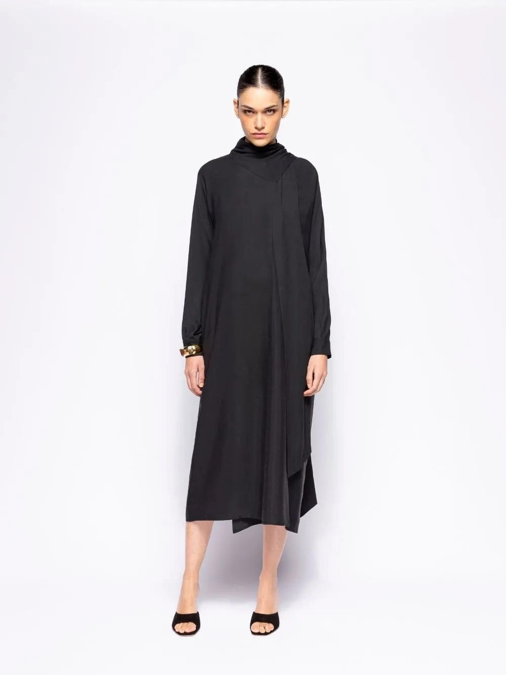 Irys Black Wrap Dress with Collar Tie