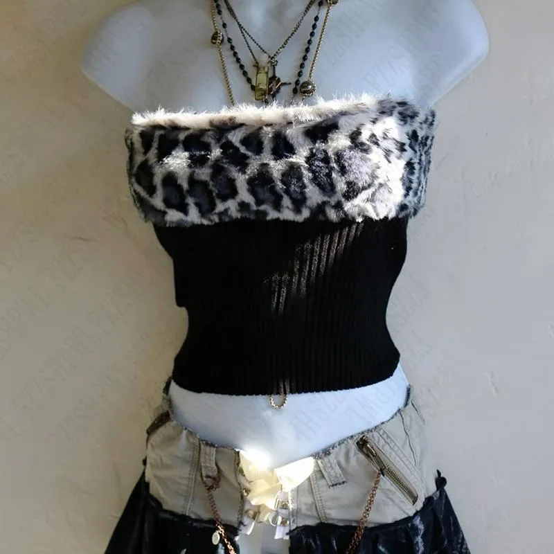JazzHer Y2K Vintage Hot Girl Strapless Off Shoulder Ruched Tube Tops Women's Front Ruffles Summer Party Clubwear Tank Leopard print Vest