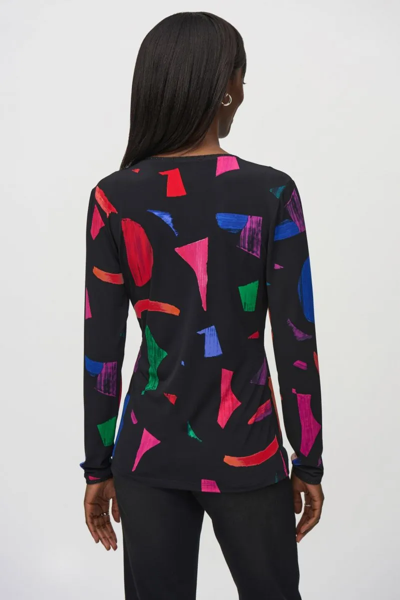 Joseph Ribkoff Black/Multi Abstract Print Faux Wrap Top 244079