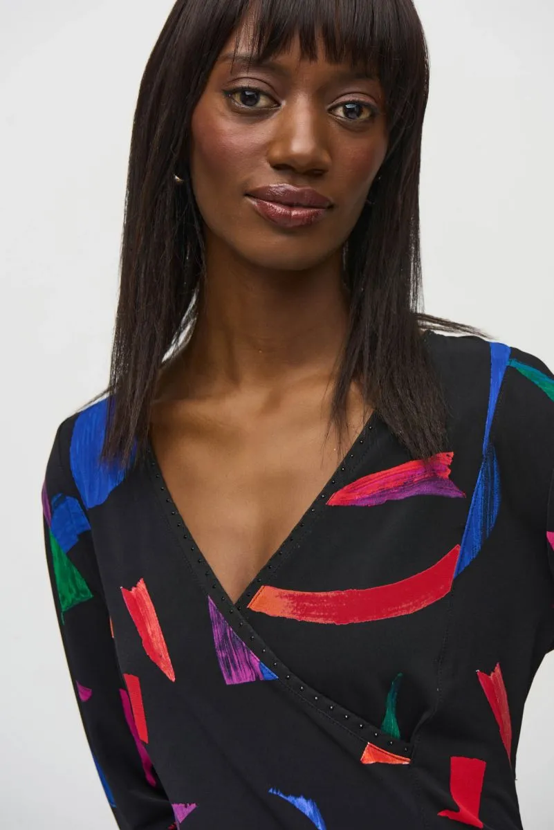 Joseph Ribkoff Black/Multi Abstract Print Faux Wrap Top 244079