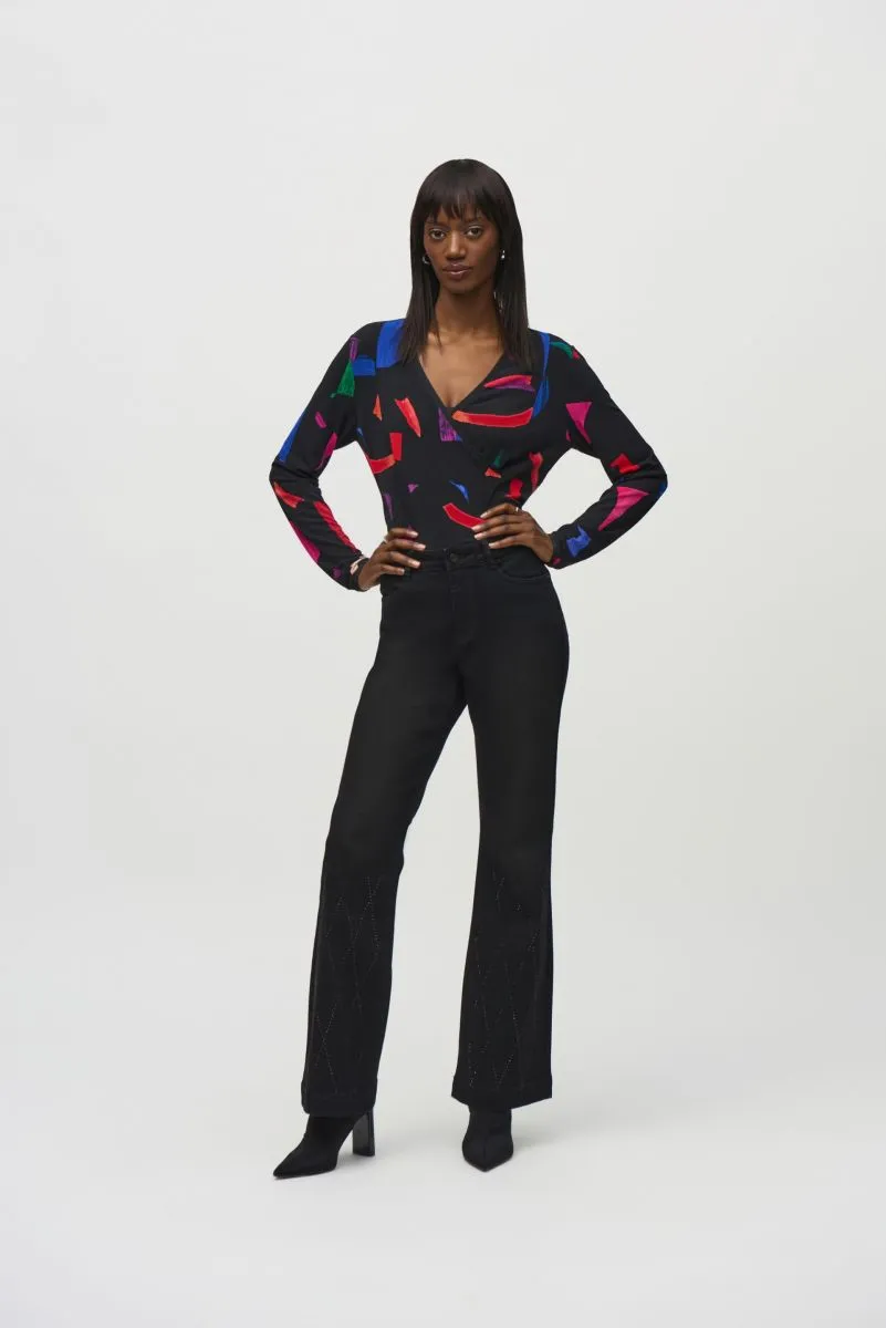 Joseph Ribkoff Black/Multi Abstract Print Faux Wrap Top 244079
