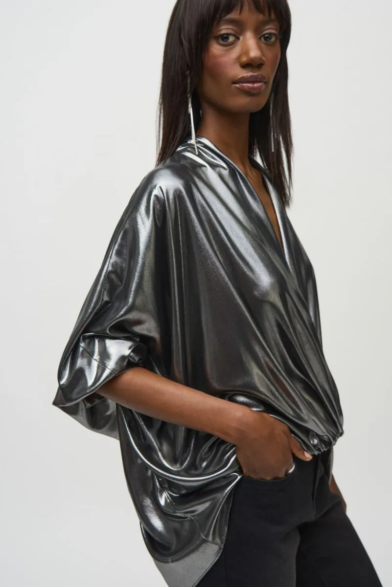 Joseph Ribkoff Pewter Metallic Foiled Chiffon Blouson Top 244232