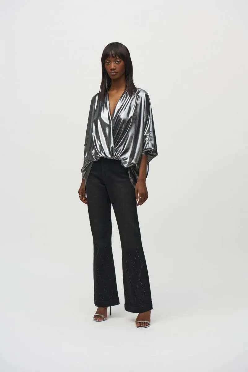 Joseph Ribkoff Pewter Metallic Foiled Chiffon Blouson Top 244232