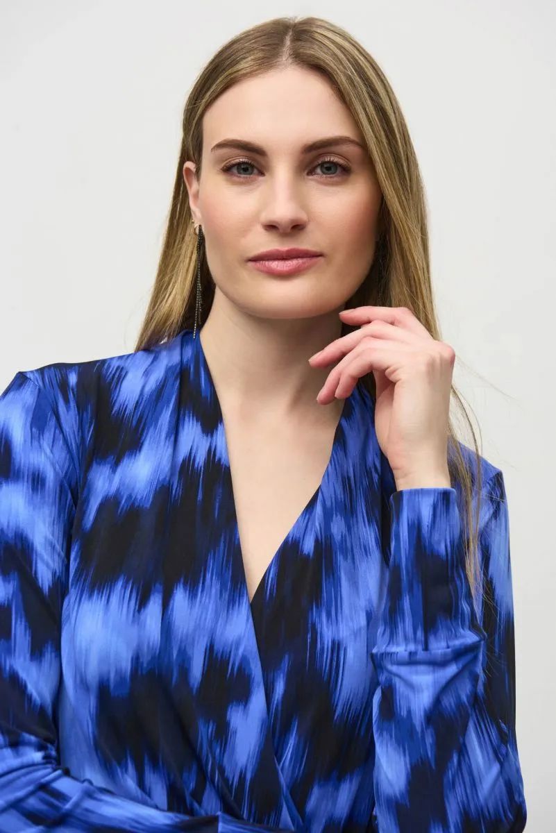 Joseph Ribkoff Royal Sapphire/Multi Abstract Print Faux Wrap Blouson Top 244075