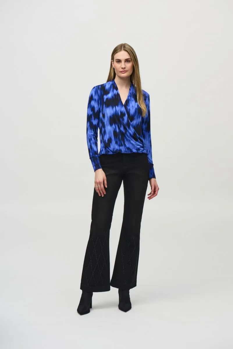 Joseph Ribkoff Royal Sapphire/Multi Abstract Print Faux Wrap Blouson Top 244075