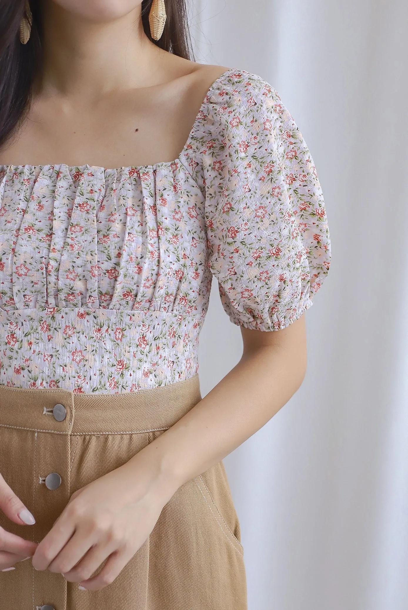 Kate Floral Textured Ruched Front Top In White