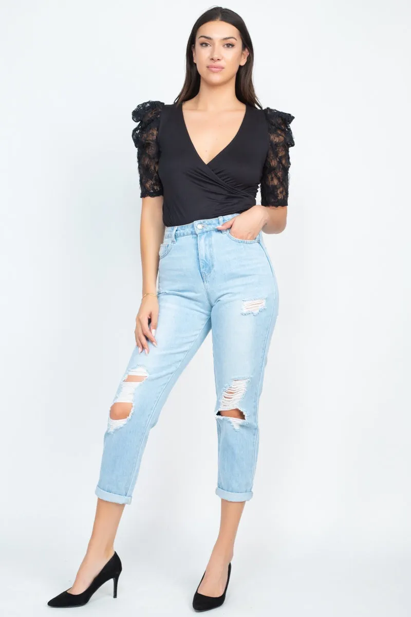 Lace-trim Puff Sleeves Bodysuit