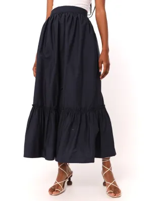 Ladies Frill Hem Poplin Maxi Skirt - Navy