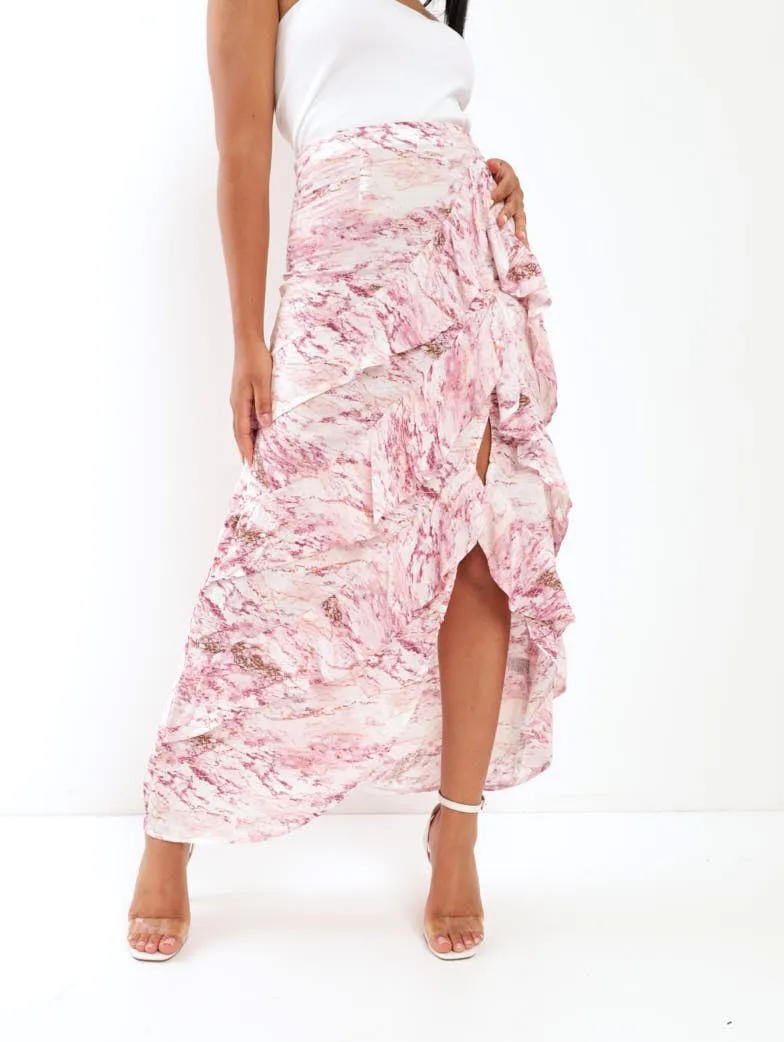 Ladies Split Front Frill Maxi Skirt