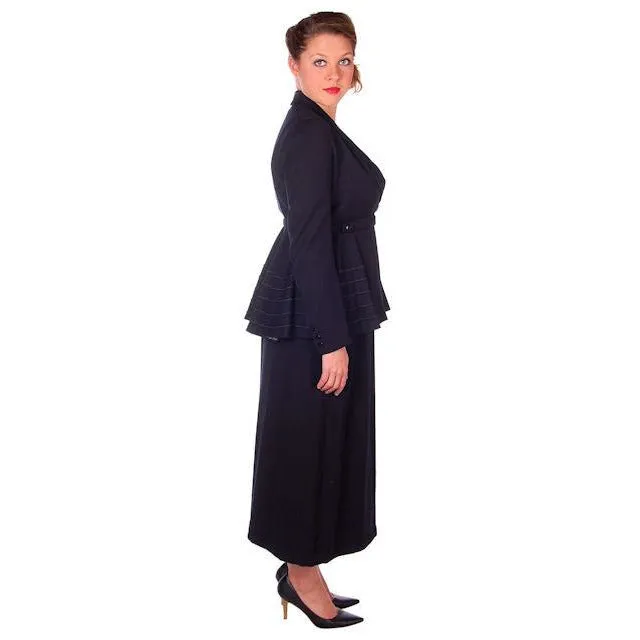 Ladies Titanic Era Vintage Navy Wool Walking Suit 1912 Printed Silk Lining 38-28-40 M