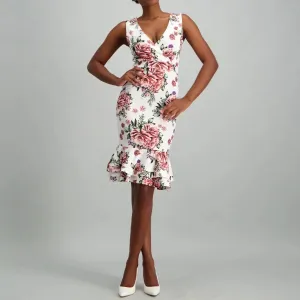 Ladies Wrap Bodice Double Flounce Hem Dress - Floral