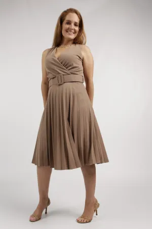 Ladies Wrap Front Pleated Dress - Stone