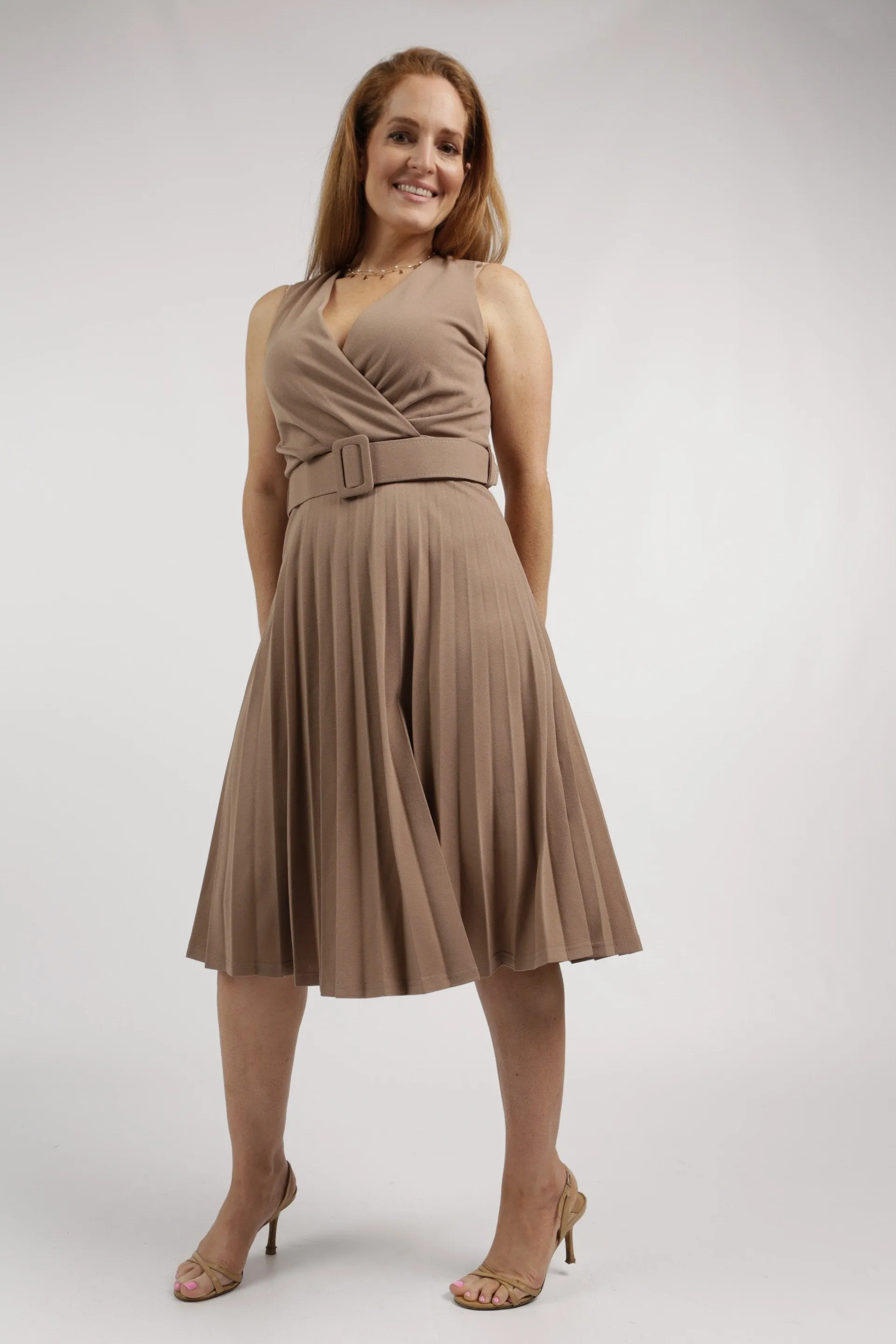 Ladies Wrap Front Pleated Dress - Stone