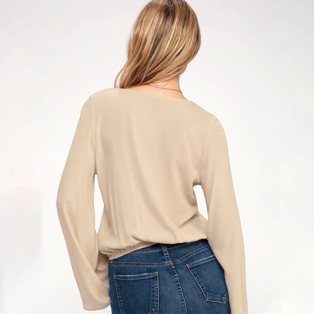 Light Beige Bell Sleeve Surplice Top
