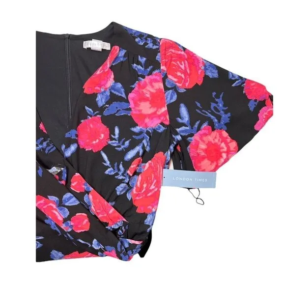 London Times Womens Black Pink Floral Short Sleeve Faux Wrap Midi Dress 8 NWT